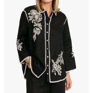 Johnny Was Addison Kimono Sleeve Shirt Black Floral Embroidered Linen Tunic XS